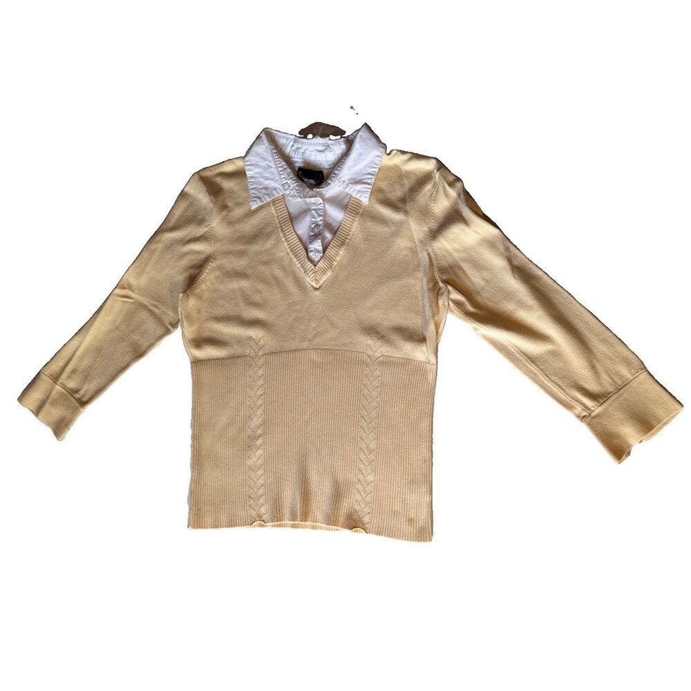 Y2k Collared Rib Knit sweater Butter Yellow layered button collar XL George vtg